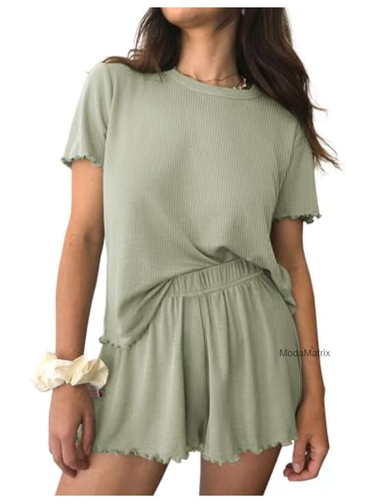Women's Ribbed Knit Pajama Set Short Sleeve Sleepwear Lounge Set Summer Casual